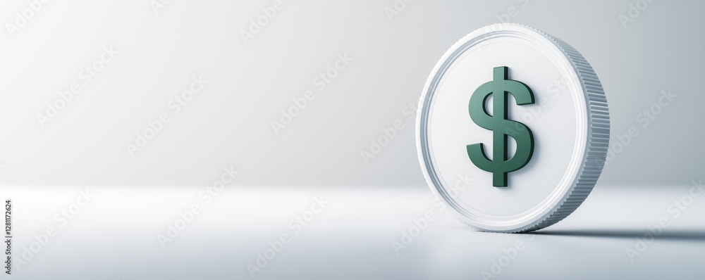 Poster a coin featuring a dollar sign rests on a clean surface, symbolizing finance and wealth in a minimal