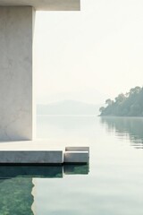 Serene Minimalist Concrete Structure Overlooking a Calm Lake, Reflecting Tranquility and Modern Architectural Design