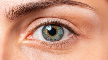 Obraz premium A close-up of a human eye showcasing its unique colors, textures, and details, emphasizing the beauty and complexity of human anatomy.