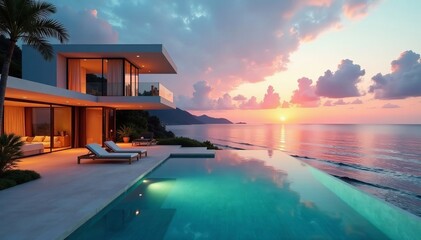 Fototapeta premium Modern beachfront house with panoramic ocean view at sunset, ocean, beachfront, tropical