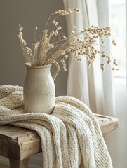 A decorative vase with flowers and a knitted blanket on a wooden table
