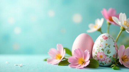 Pastel Pink and Floral Decorated Eggs Resting Amongst Delicate Spring Blossoms on a Light Blue Background
