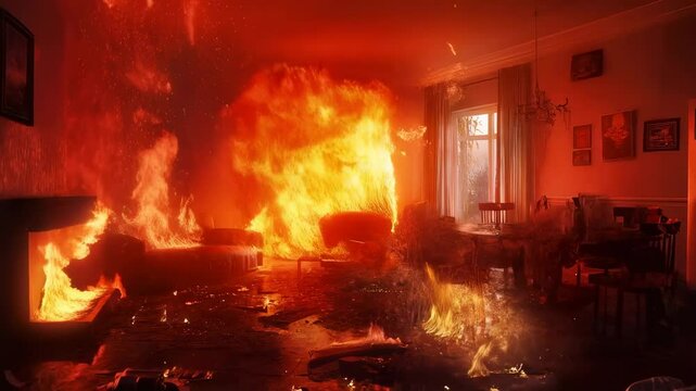 Intense fire engulfs living room causing chaos and destruction in a residential home