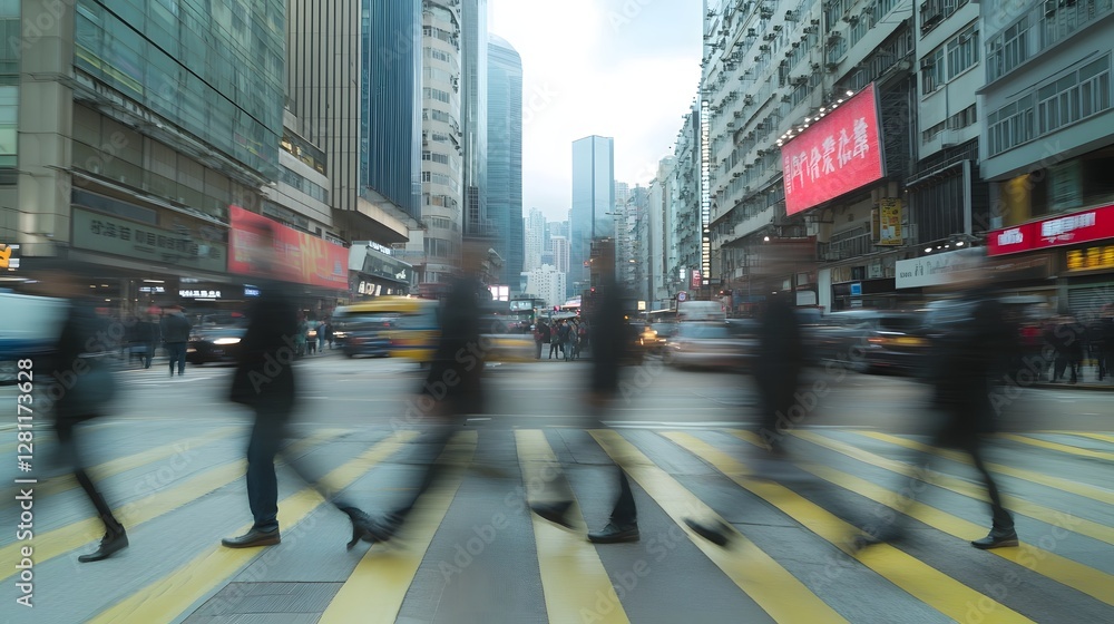 Leinwandbilder blurred motion of a large crowd of anonymous commuters rushing through a busy city street with tower