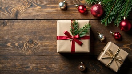 Rustic Wooden Surface with Wrapped Gifts and Festive Ornaments Featuring Evergreen Boughs