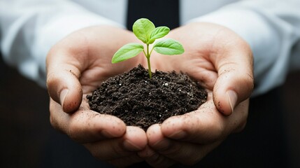 Careful Hands Nurturing a Young Plant Seedling in Rich Soil