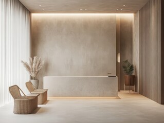 An elegant interior featuring chairs and a reception counter