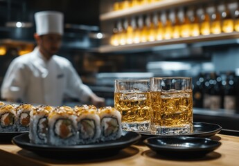 Obraz premium Exquisite Sushi Rolls and Elegant Whiskey Glasses in a Modern Japanese Restaurant with a Chef in the Background