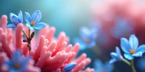 Fototapeta premium Delicate Blue Flowers Emerging from a Coral-Like Structure in a Soft, Dreamy Setting