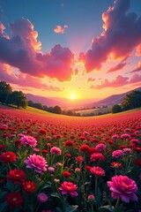 Fototapeta premium A panoramic view of a colorful sunset over a vibrant field filled with blooming flowers, scenery, meadow, landscape