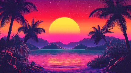 A retrowave illustration of a tropical sunset landscape in an 80s neon colored style