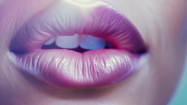 Extreme close-up of glossy pink lips with soft lighting, highlighting texture and sensual beauty in a delicate, artistic style. 4K video