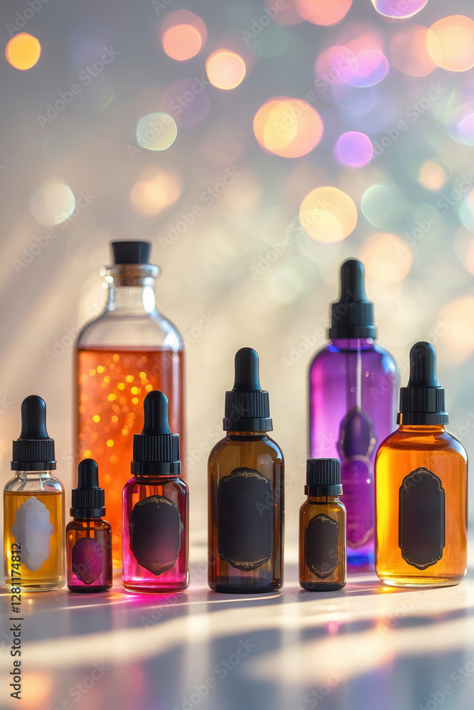 Poster various glass bottles filled with oils and liquids arranged on a table with a colorful bokeh backgro