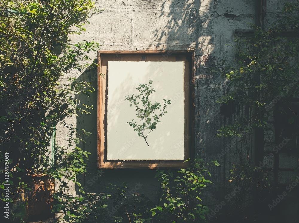 Aufkleber an empty white vertical rectangle is presented in a poster mockup with soft hawthorn leaves shadows 