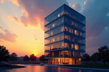 Modern glass office tower with glowing lights at sunset, business, reflections, futuristic