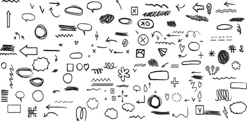 Chalk scribble doodle arrow, line elements set. Crayon arrow, underline, handwritten mark check.