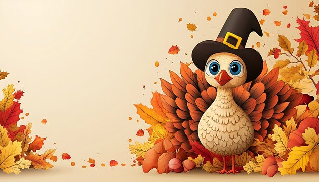 Cute cartoon turkey wearing a pilgrim hat is centered in autumn
