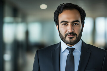 Fototapeta premium Portrait of confident businessman in suit standing in modern office building camera