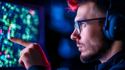 Esports teamwork concept. Focused man with headphones analyzing data on a glowing screen.