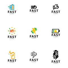 Set of Fast charging battery, Electric charge icon, Isolated on black background, Vector illustration