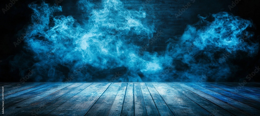 Poster a studio setting with an empty dark blue abstract cement wall, complemented by floating smoke that a