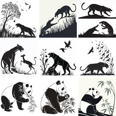 Black and White Silhouette Art: Wildlife Animals - Panthers, Deer, Rodents, Birds, & Pandas Eating Bamboo Vector Illustrations
