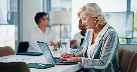 Fototapeta premium Business, woman and typing on laptop in meeting with research, review proposal and financial report. Mature, accountant and online with bookkeeping, investment feedback and company revenue for growth