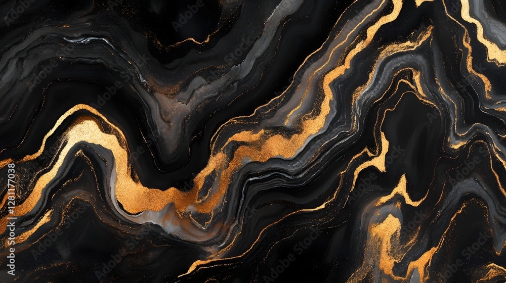 Poster Captivating abstract background featuring a mesmerizing blend of black and gold tones creating a fluid marble like texture with elegant swirls and waves