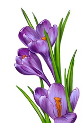  purple crocus spring flowers. realistic botanical illustration on white background. art design for postcards and invitations