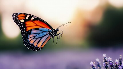 Obraz premium Delicate Monarch Butterfly Hovering Over Lavender Flowers Nature Photography Serene Garden Macro View Beauty of Insects