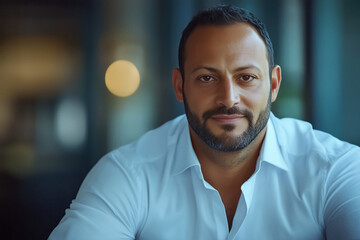 Obraz premium Confident man with neatly trimmed beard wearing crisp white dress shirt directly viewer