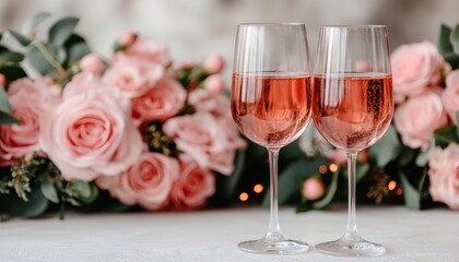 A concept for an eco-friendly wedding. Elegant glasses of rosé wine beside a bouquet of pink roses.
