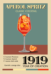 Aperol Spritz cocktail poster in retro mid century modern style with recipe. Popular alcohol drink bar cart digital art. Colorful flat vector illustration