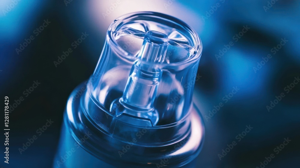 Poster close-up of a transparent medical device with a central valve and intricate design, illuminated with