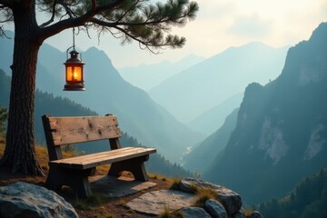 Serene Mountain Vista A Rustic Wooden Bench Beckons with a Glowing Lantern Hanging from a Pine Tree Branch