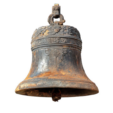 Rusty and broken ceremonial bell of an old monastery isolated on transparent background