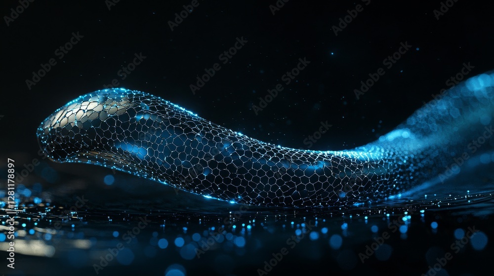 Poster the concept of nanotechnology and big data is illustrated in a 3d particle field in cyberspace, rese