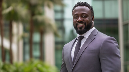 Naklejka premium Professional black man smiling outdoors in suit and tie with beard and dark hair standing in front of office