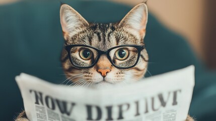 Cat Wearing Glasses Reading Newspaper with a Curious Expression