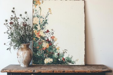 A blank picture frame mockup is displayed on a white wall in a minimalist living room that embodies modern Scandinavian style, complete with an artwork mockup and a focus on home staging