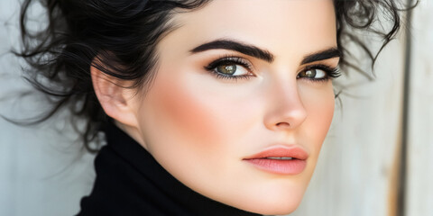 Fototapeta premium Close up portrait of brunette woman with flawless makeup and captivating hazel eyes Beauty shot