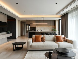 Fototapeta premium The contemporary design highlights this living room and kitchen area