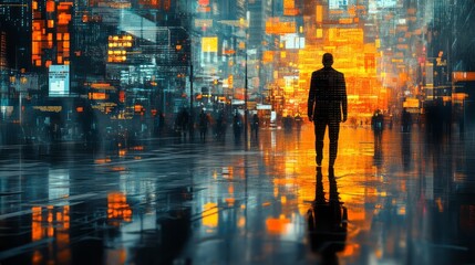 Obraz premium Businessman walking in a futuristic cyberpunk city at night
