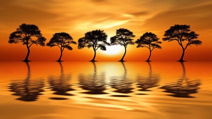 Silhouetted Trees Reflecting In Calm Sunset Waters
