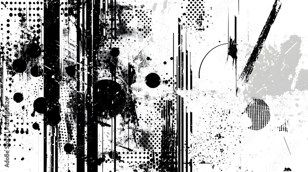 Poster Captivating abstract digital art background with a grungy monochrome texture and a dynamic composition of splatter patterns geometric shapes and blurred lines