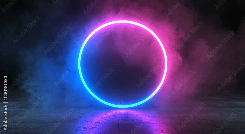 Poster the darkness is illuminated by a neon circle frame standing with a fog effect