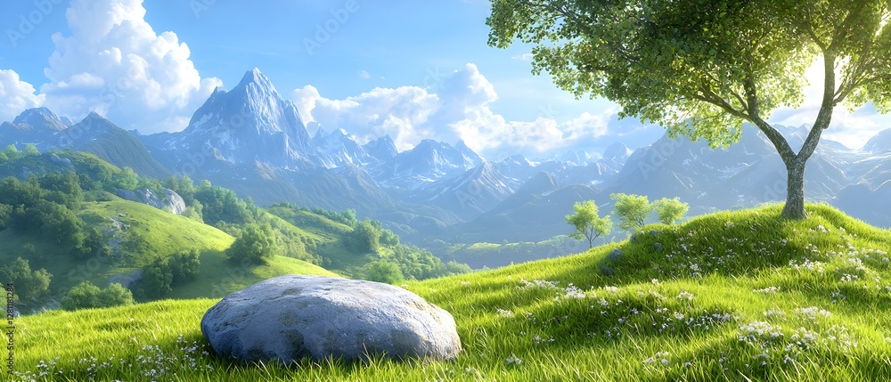 Poster a mountain range is in the background with a large rock in the foreground