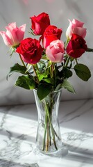 Obraz premium Vibrant mixed rose bouquet in a glass vase on marble table