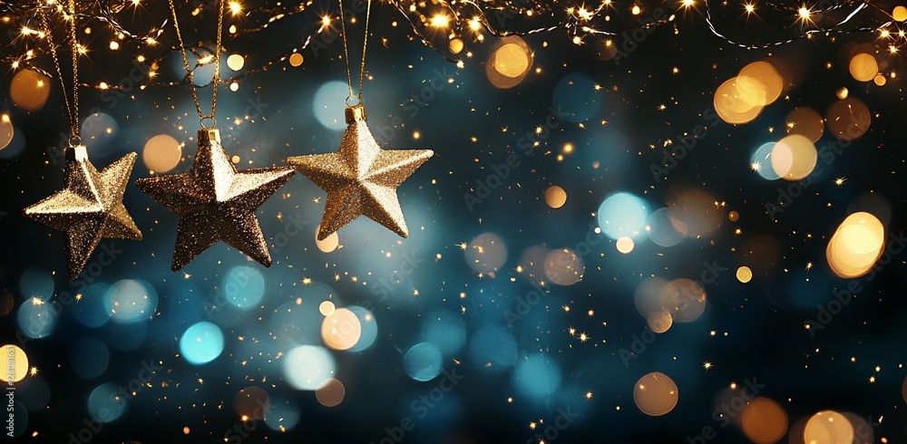 Poster a string of christmas lights in the form of stars hangs from fir branches in front of a defocused ab