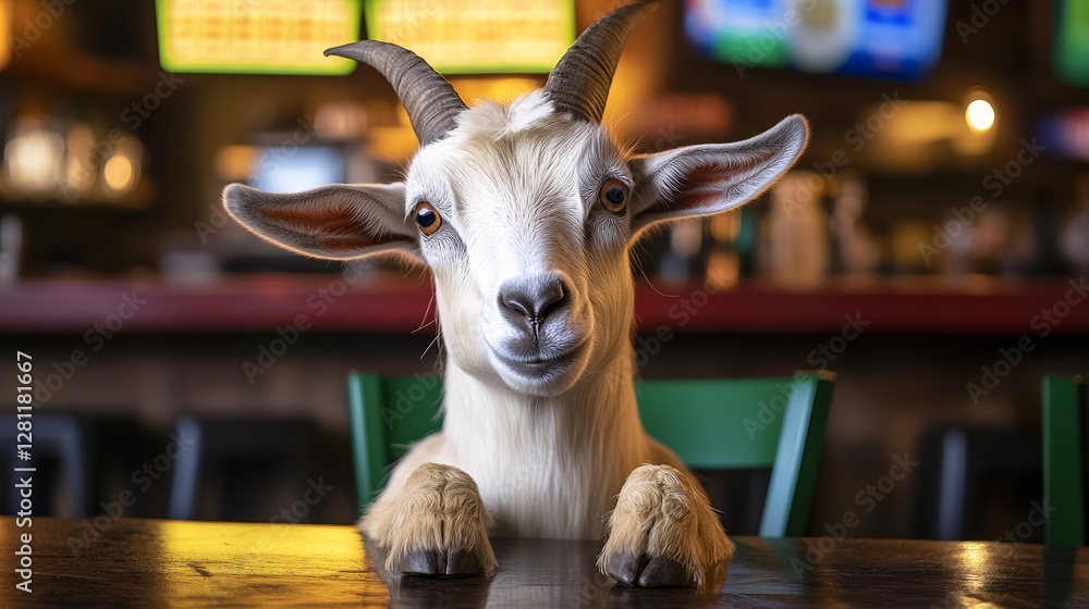 Poster goat is sitting on a table in a bar. the goat is looking at the camera and he is smiling